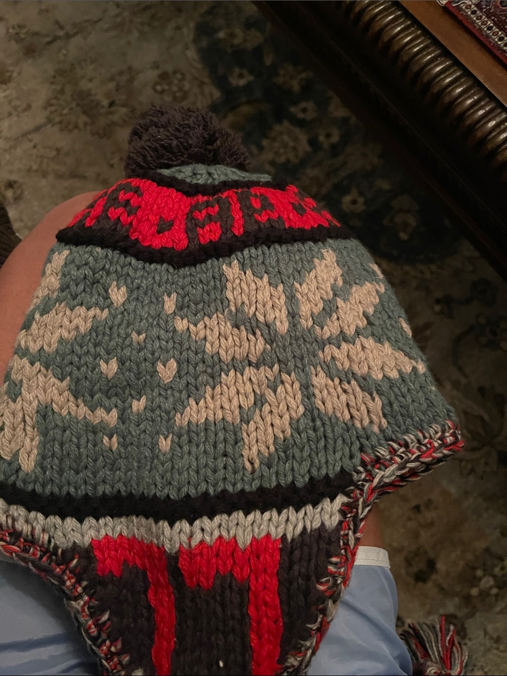 Hand-Knit Gray and Cream Snowflake Earflap Sweater Hat